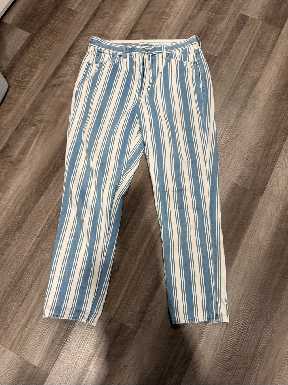 American Eagle Striped Mom Jeans Size 12 Regular Blue White